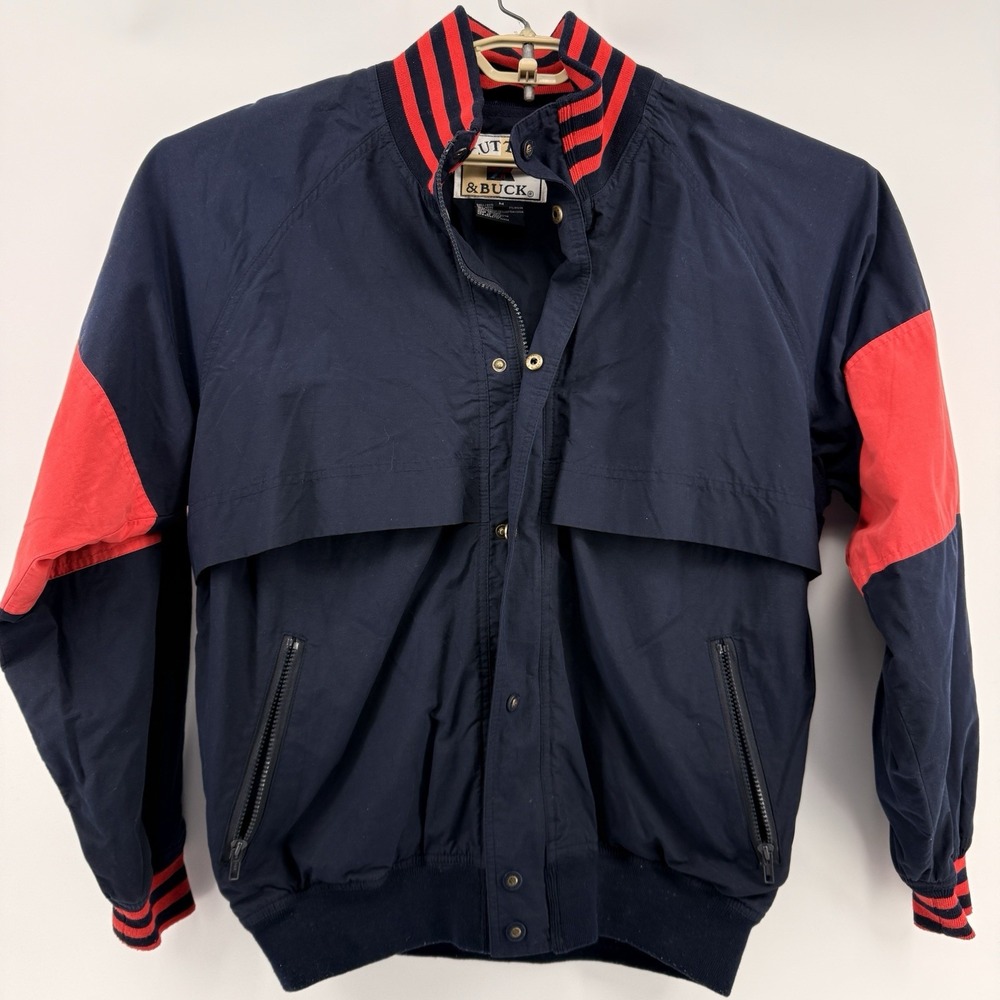 Cutter & Buck Jacket Men's Size M Blue Red Trim Cotton Blend Zip Snap Closure